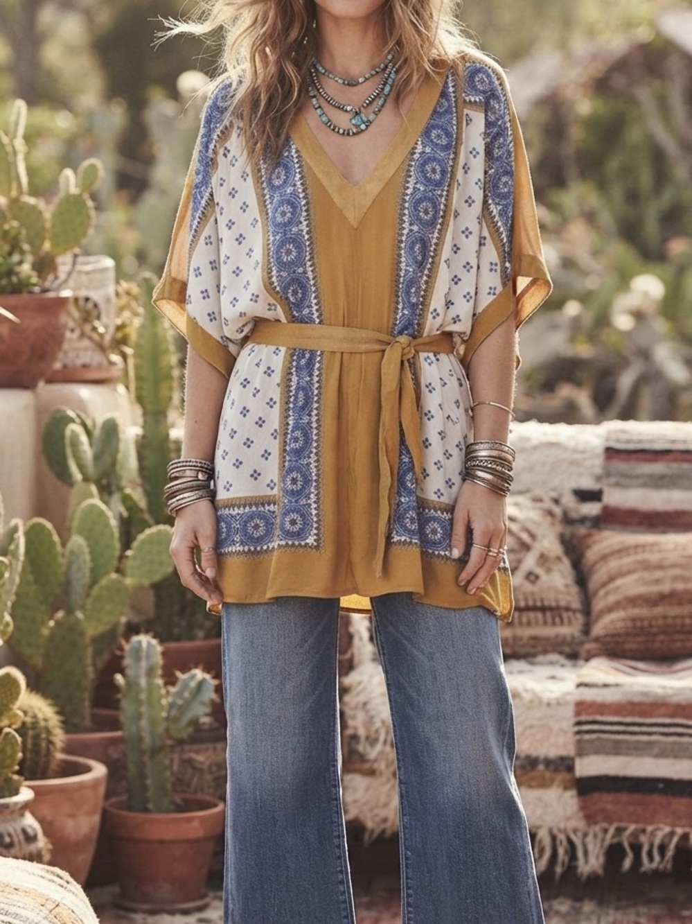 Free People Santa Cruz
Kimono Mini Dress
Goldenrod Combo Boho
Caftan Large $128